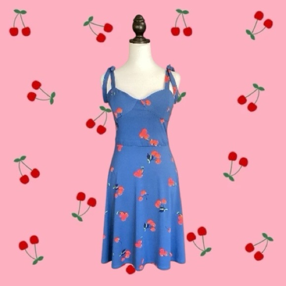 Modcloth Dresses & Skirts - ModCloth Blue & Red Cherry Print Tie-Strap Smocked Back Mini Dress Size M